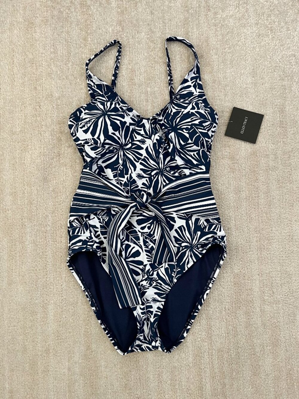 NWT Ellen Tracy Blue White Stripe Tie Waist One Piece Swimsuit 8